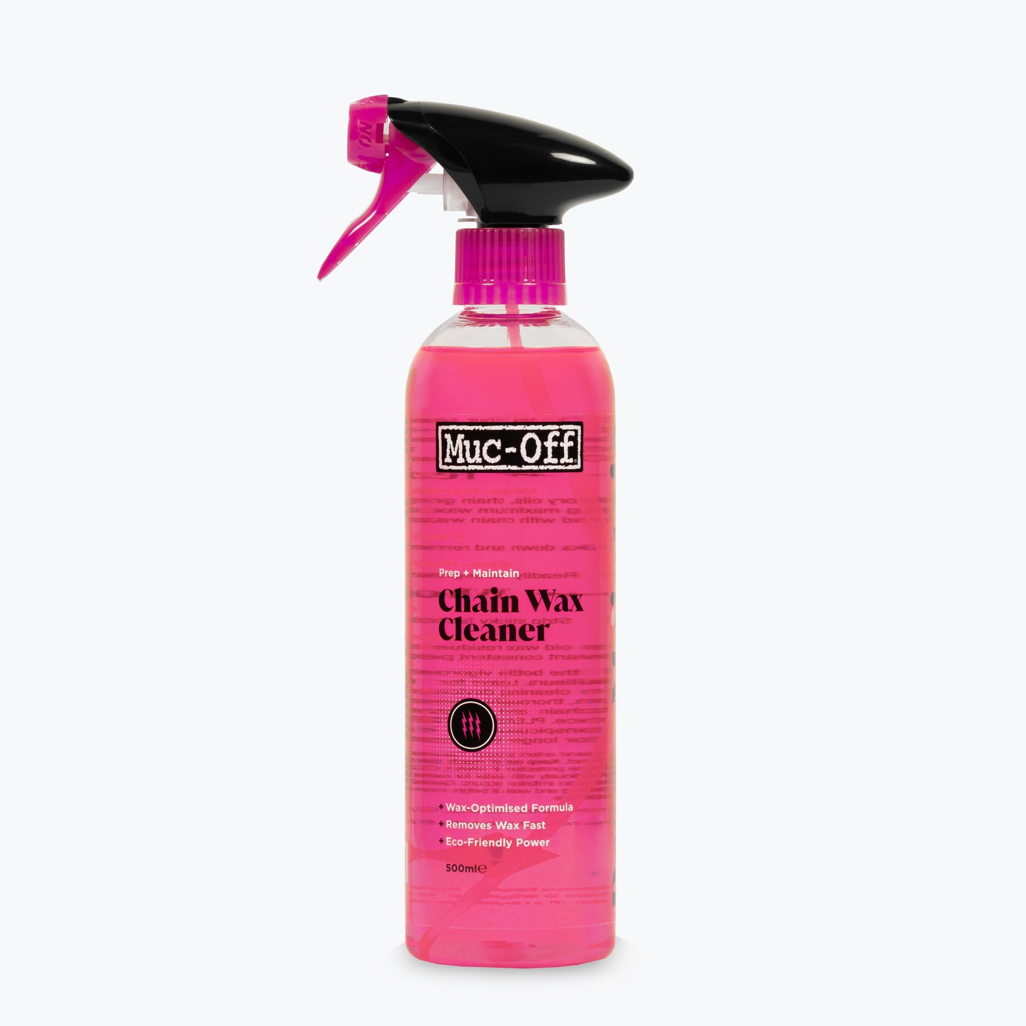 Muc-Off Chain Wax Cleaner in a 500ml spray bottle, featuring a transparent pink liquid, a black spray nozzle, and bold black text on a pink label.