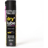 Black Muc-Off Dry PTFE Chain Lube spray can with pink nozzle and yellow text accents.