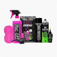 Muc-Off Ebike Essentials Kit with pink spray bottle, black aerosol can, green degreaser, and cleaning sponge.