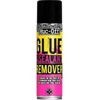 Black and pink Muc-Off Glue & Sealant Remover spray can with bold yellow and black text.
