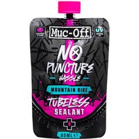 Muc-Off MTB Tubeless Sealant, 80ml pouch, black with pink accents, bold white text, pink cap.