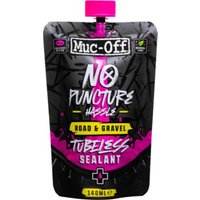 Black and pink Muc-Off No Puncture Hassle Pouch, tubeless sealant for road and gravel, with bold white text.