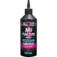 Black bottle of Muc-Off No Puncture Hassle Tubeless Sealant with pink and teal accents, pointed nozzle cap.