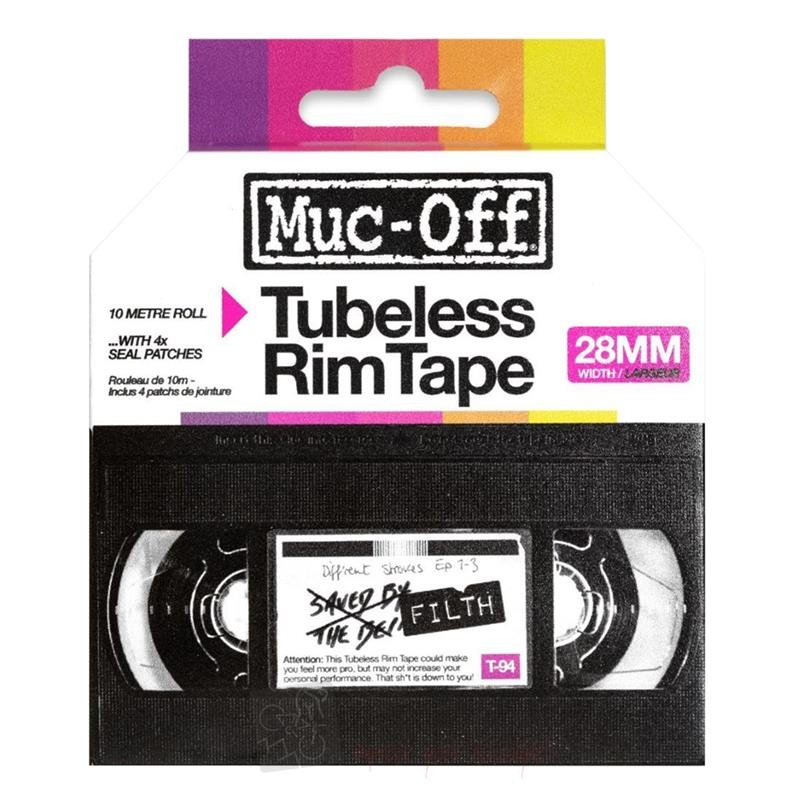 Muc-Off Rim Tape in a vibrant packaging features a 10-meter roll, 28mm width, and includes four seal patches, designed for tubeless bike wheels.