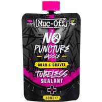 Muc-Off Road & Gravel Tubeless Sealant, 80ml black pouch with pink accents and bold white text.
