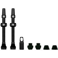 Black Muc-Off Tubeless Valve V2, 80mm, includes two valves, caps, and accessories, sleek design with logo detailing.