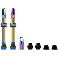 Iridescent Muc-Off Tubeless Valve V2, 60mm, with rainbow finish and multiple rubber valve caps.