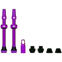 Purple Muc-Off Tubeless Valve V2, 60mm, with two valves, caps, and accessories.
