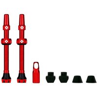 Red Muc-Off Tubeless Valve V2, 60mm, with two valves, caps, and rubber grommets, featuring a sleek metallic finish.