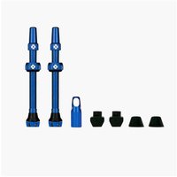 Blue Muc-Off Tubeless Valves V2 with hexagonal lock rings, rubber bases, and black valve caps.