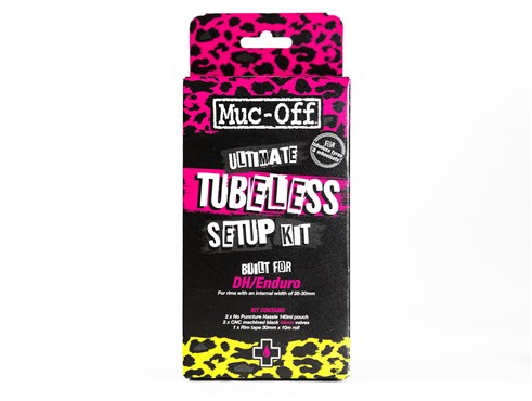 Muc-Off Ultimate Tubeless Setup Kit packaging featuring a vibrant pink and black leopard print design, labeled for DH/Enduro use, with details on included components and size specifications.