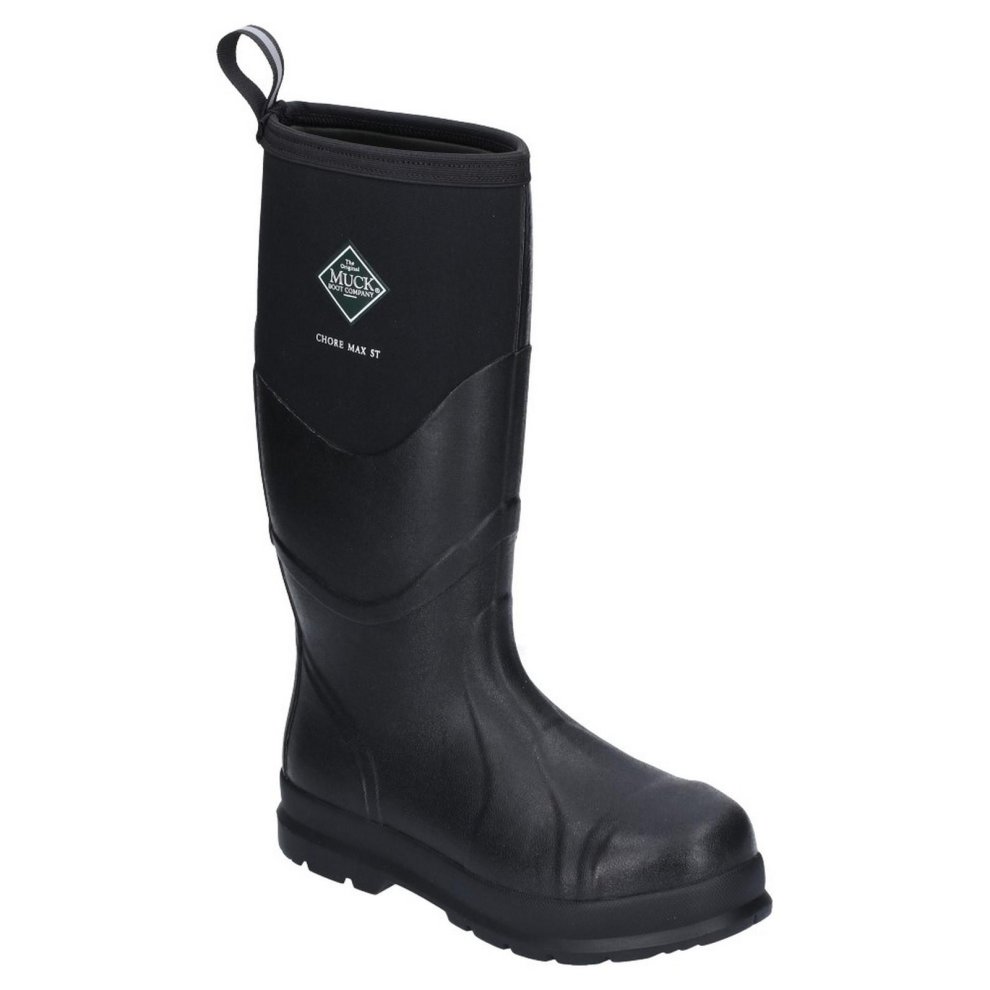 Black rubber Wellington boot with a textured surface, featuring a pull tab for easy wear, and a logo patch on the side indicating "Muck Chore Max S5."
