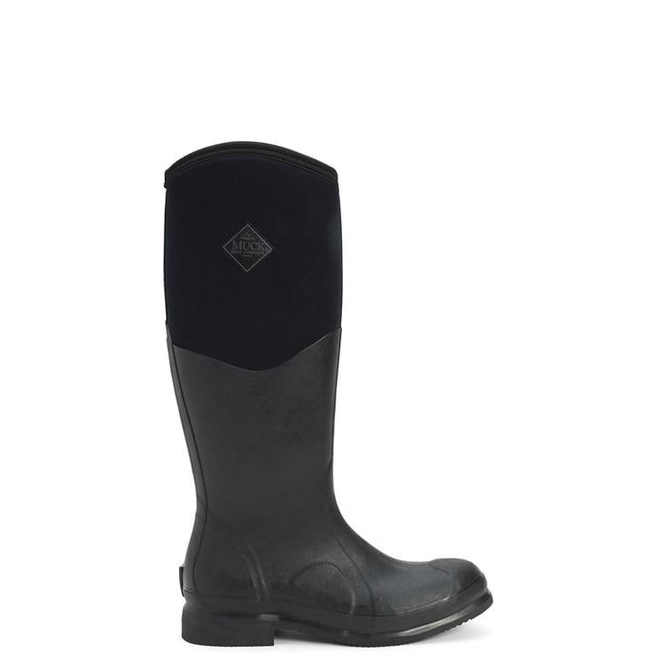 Unisex black riding boot featuring a durable rubber lower, neoprene upper for flexibility, and a textured sole for traction, designed for all-weather conditions.