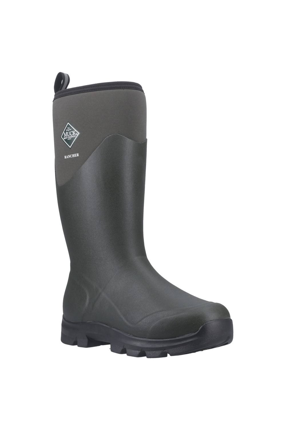 Olive green rubber Wellington boot with a sturdy sole, featuring a pull tab at the top and Muck Boots branding on the side, size 6.