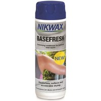 Nikwax Base Fresh 300ml bottle with blue cap, white label, and image of an arm, text highlighting freshness benefits.
