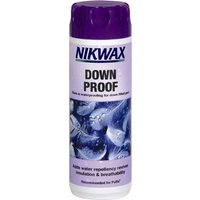 Nikwax Down Proof bottle, purple cap, white label with water droplet design, for waterproofing down materials.