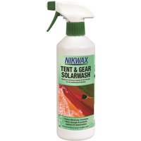 Nikwax Tent And Gear Solar Wash 500 ml spray bottle with green nozzle and label featuring outdoor gear graphics.