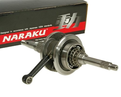 Naraku NK600.57 crankshaft for MBK Nitro 50 4T, featuring a metallic finish, precision bearings, and a sturdy design, displayed next to its branded packaging.