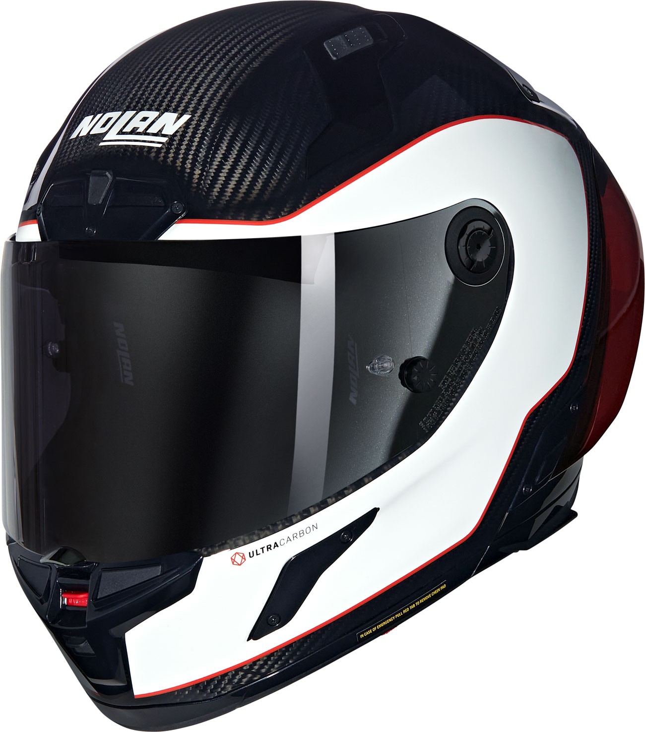 Nolan X-804 RS Ultra Carbon motorcycle helmet in XXS, featuring a glossy white and red design with a carbon fiber texture, a tinted visor, and aerodynamic shape.
