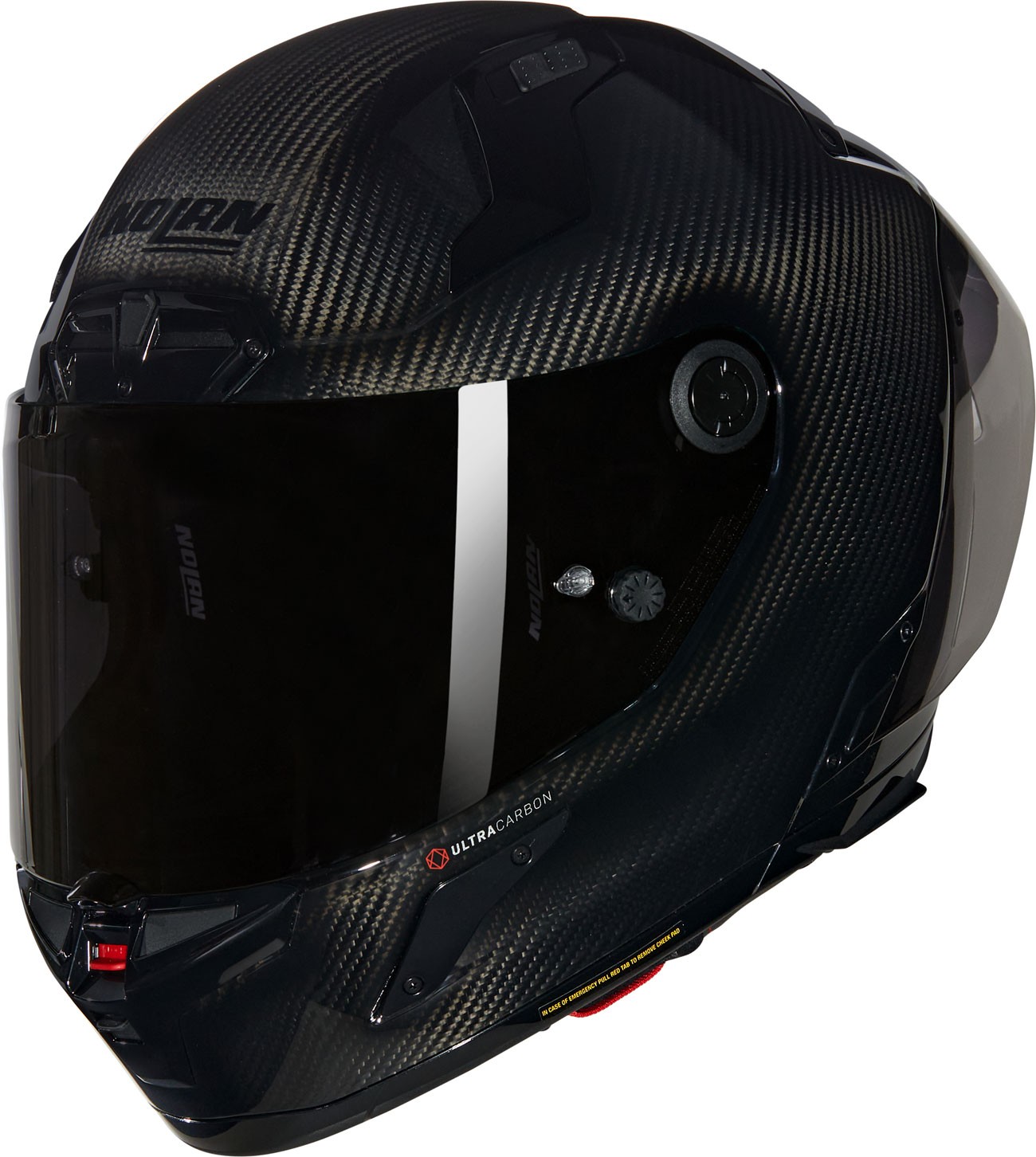 Black full-face helmet with a carbon fiber finish, featuring a tinted visor, ventilation ports, and a sleek aerodynamic design, size M by Nolan.