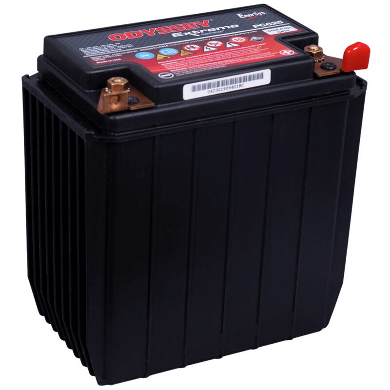 Black AGM battery with a sturdy rectangular design, featuring copper terminals, a red safety cap, and a prominent red and white label displaying "Odyssey Extreme Power & Motorsports."