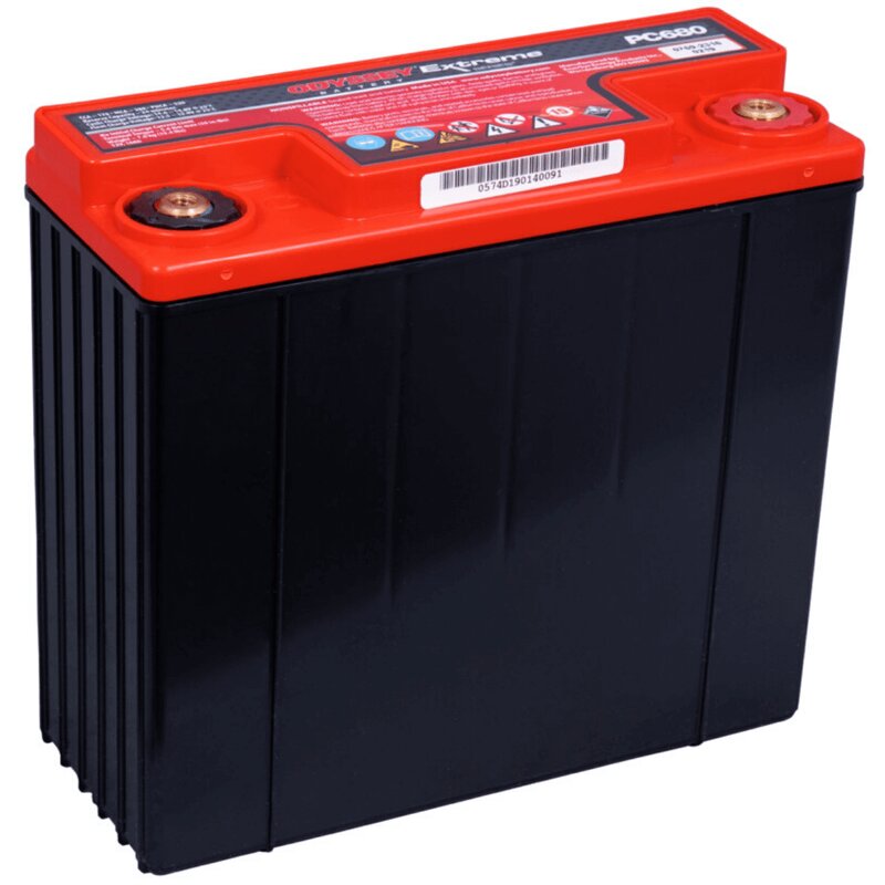 Odyssey Extreme Power AGM battery in black with a bright red top, featuring two brass terminals and labeled with product details and specifications.