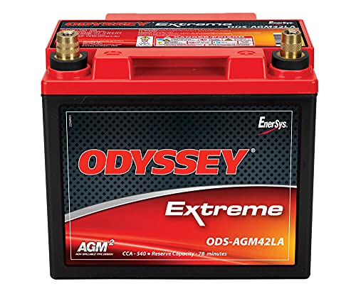 Red and black AGM battery with "ODYSSEY Extreme" branding, featuring right positive SAE terminals, rated at 540 CCA and 1200 PHA, measuring 7.8 inches in height.