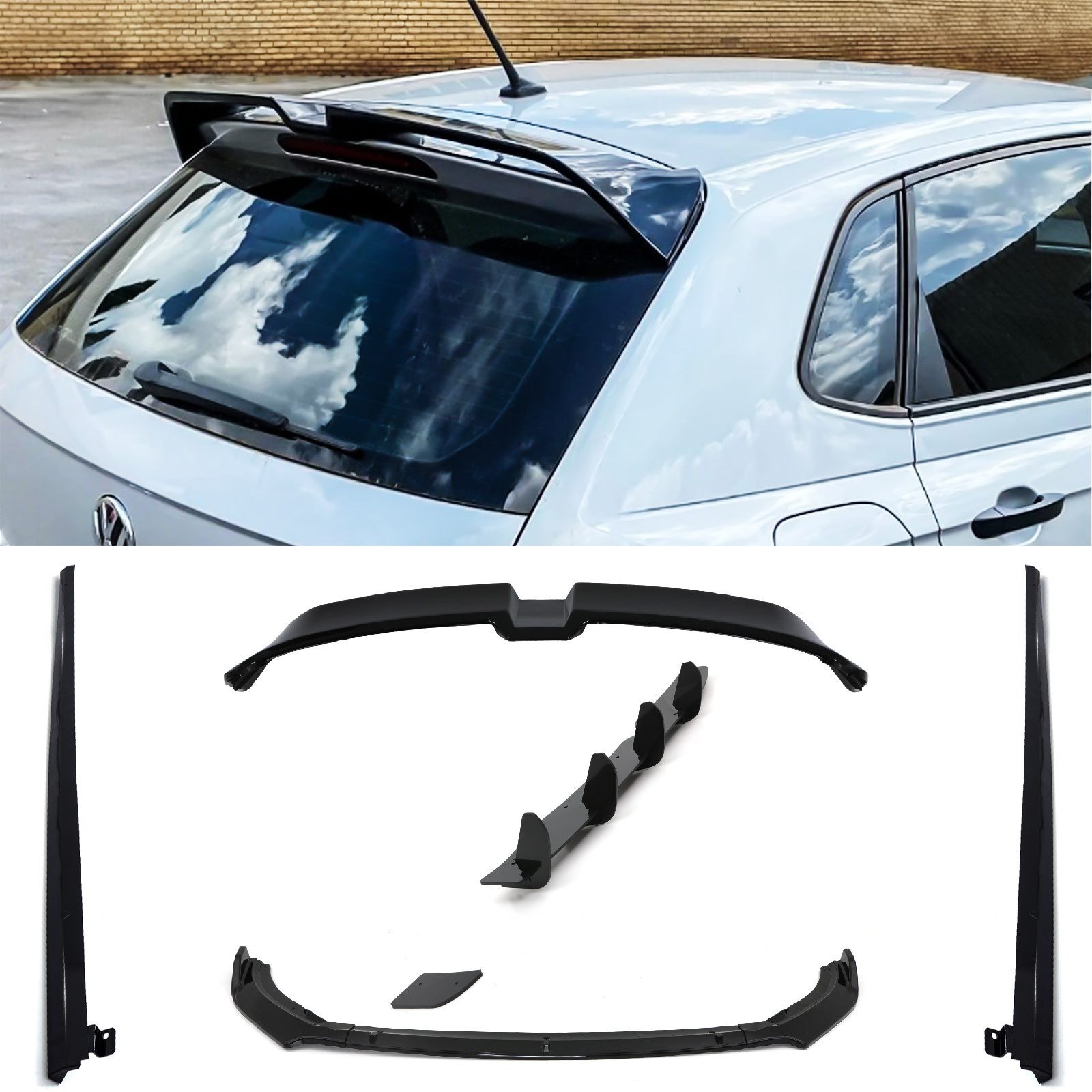 Oettinger Style Aero Body Kit for VW Polo MK6 AW GTI & R-Line 2018+, featuring sleek black plastic components, including a rear spoiler and side skirts, enhancing aerodynamics and style.