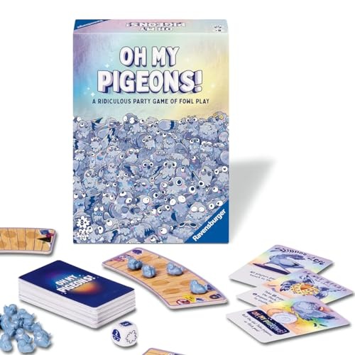 Colorful game box featuring cartoonish blue pigeons, with dice, cards, and game pieces scattered around, all set against a light background.