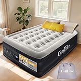 OlarHike inflatable mattress, double airbed, gray flocked surface, built-in pump, black sides, yellow pillows.
