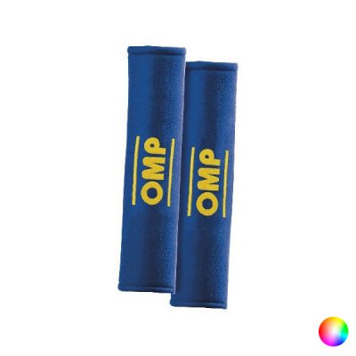 Blue safety harness pads featuring a soft fabric material, with bold yellow "OMP" branding, designed for comfort and protection.