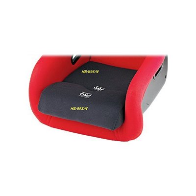 Black cushion with a soft fabric surface, designed for OMP racing seats, featuring the OMP logo and model number HB 4695/N, set against a red seat background.