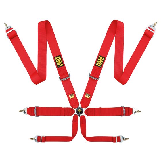 Red FIA racing harness with 3-inch straps, featuring OMP branding, metal buckles, and adjustable clips for secure fastening and safety in motorsports.