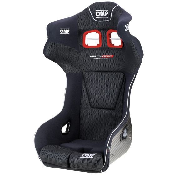 Black carbon racing seat with a high back, featuring red harness openings, textured material, and OMP branding, designed for roll cage mounting.