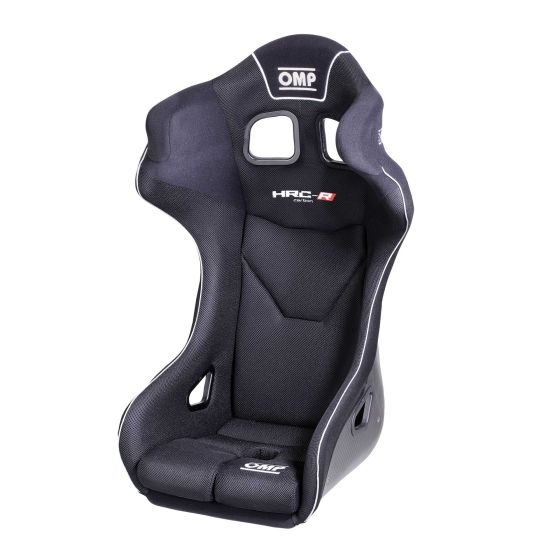 Black carbon racing seat with a high back, featuring mesh fabric, side bolsters for support, and white stitching, labeled "OMP HRC-R" in the upper section. Size small.