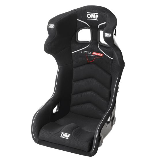 Black carbon racing seat with ergonomic design, featuring side bolsters, a sleek finish, and red and white stitching, labeled with "OMP" and "HTC EVO."