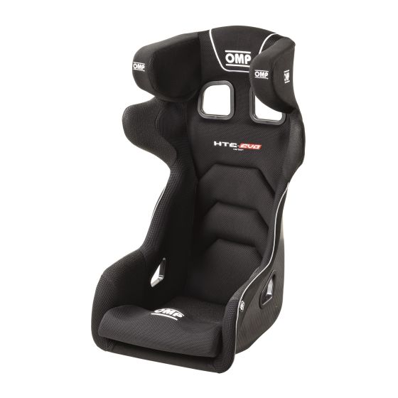 Black carbon racing seat with high side bolsters, HTE EVO branding, and white stitching, designed for optimal support and safety in motorsports.