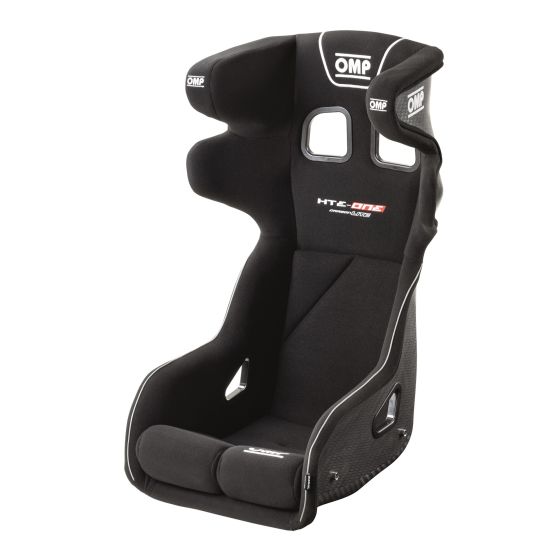 Black carbon racing seat with high side bolsters, shoulder support, and cutouts for harnesses, featuring OMP branding and a sleek, lightweight design.