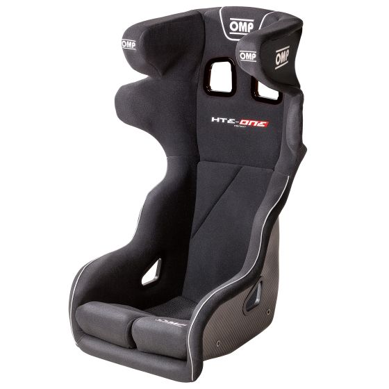 Black carbon racing seat with high side bolsters, integrated headrest, and OMP branding, designed for optimal support and safety in motorsport.