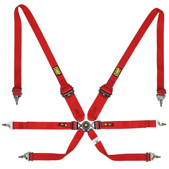 Red 6-point saloon harness with durable straps, featuring adjustable buckles and a central quick-release mechanism, designed for endurance racing by OMP.