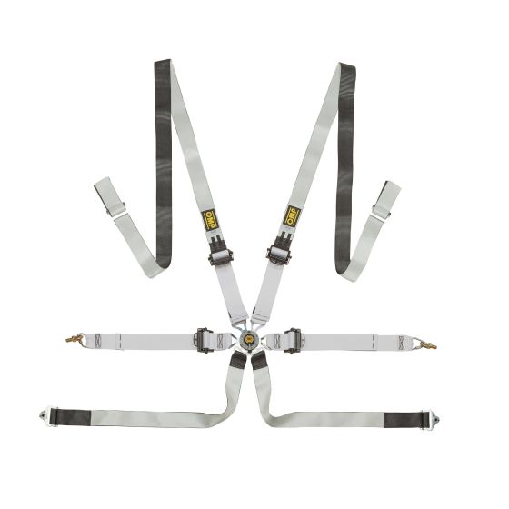 Black and silver OMP One-D 2 Pull Down Saloon 6 Point Dyneema Harness featuring adjustable straps, metal buckles, and a central release mechanism.