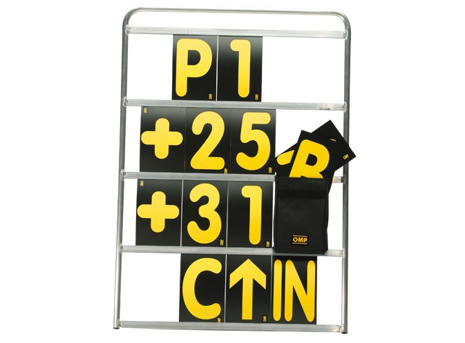 Professional pit signal board featuring a metal frame with black and yellow cards displaying numbers and symbols, designed for clear visibility in racing environments.