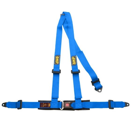 Blue OMP Road 3 harness featuring durable fabric, adjustable straps, and a central buckle for secure fastening, designed for racing and safety.