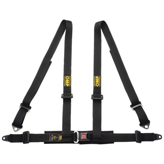 Black OMP Road 4 harness featuring adjustable straps, a central buckle, and reinforced stitching, designed for safety and comfort in motorsport applications.