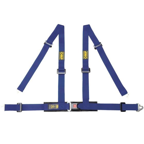 Blue OMP Road 4M harness featuring durable straps, adjustable buckles, and a central release mechanism, designed for safety and comfort in motorsport use.