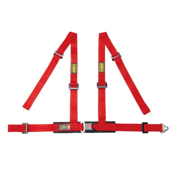 Red OMP Road 4M harness featuring durable straps, adjustable buckles, and a central buckle for secure fastening, designed for safety in motorsport applications.