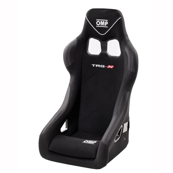 Black OMP TRS-X steel frame racing seat featuring a sleek design, breathable fabric, cutouts for harnesses, and prominent OMP branding on the headrest and seat base.