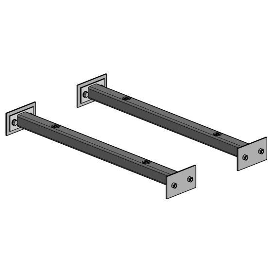 Black metal weld-in seat subframe pair with rectangular plates at each end, featuring multiple mounting holes for secure installation.