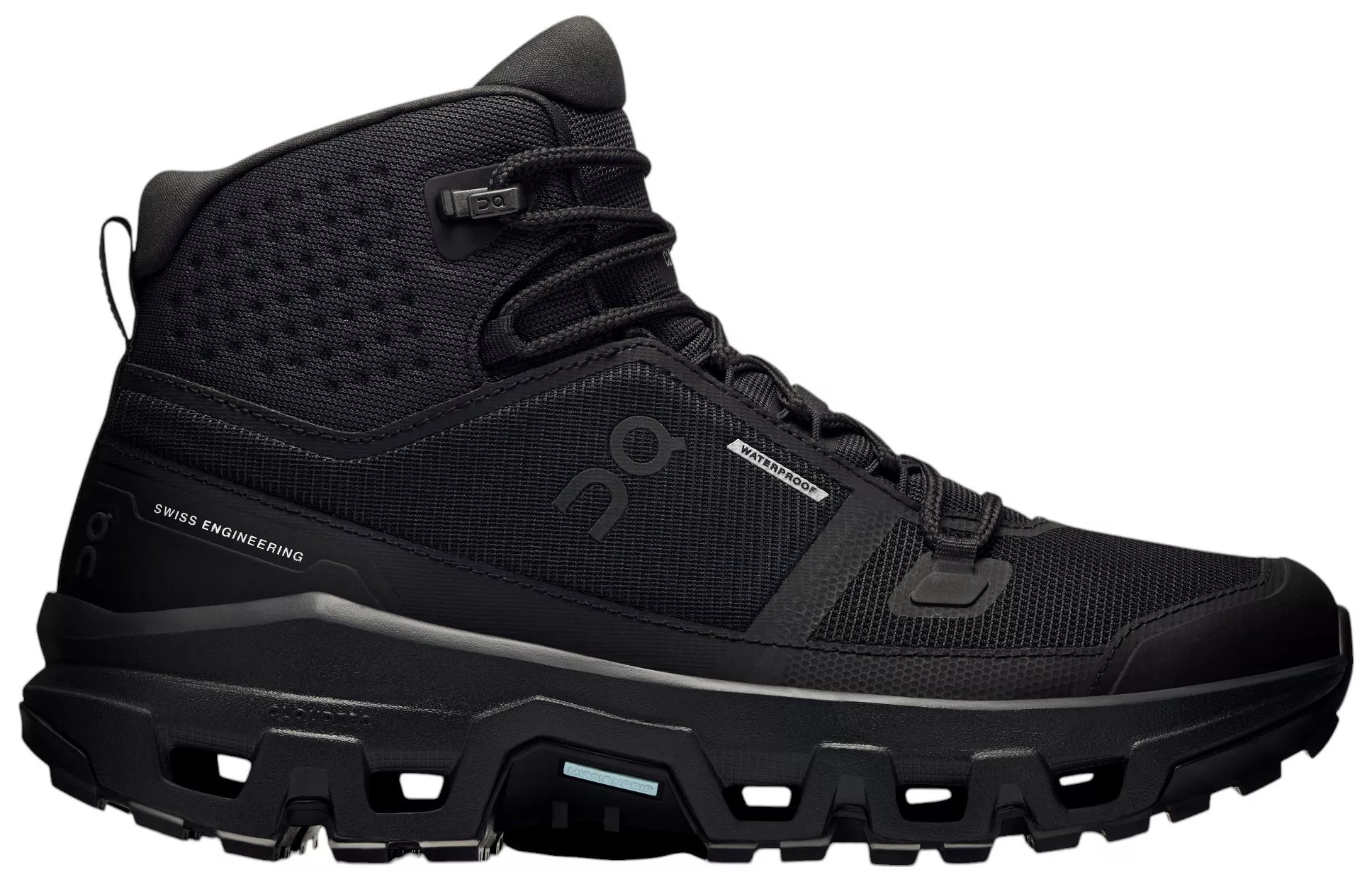 Black synthetic mid-top running shoes featuring a waterproof design, rugged sole, and lace-up closure, ideal for outdoor activities.