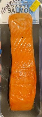 A vibrant orange roasted salmon filet in a clear plastic packaging, featuring a glossy surface and visible grill marks, labeled "Roasted Salmon" with a price tag.